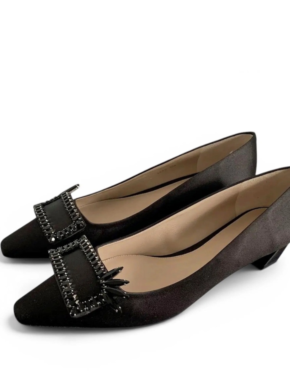 Stuart Weitzman Black Pointed Toe Leather Flats with Embellished Buckle